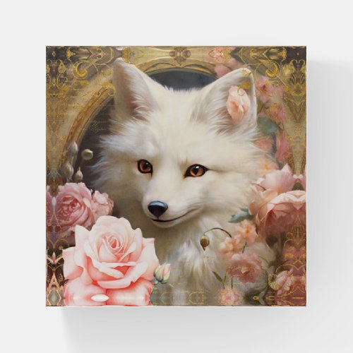 White Fox and Pink Roses Paperweight