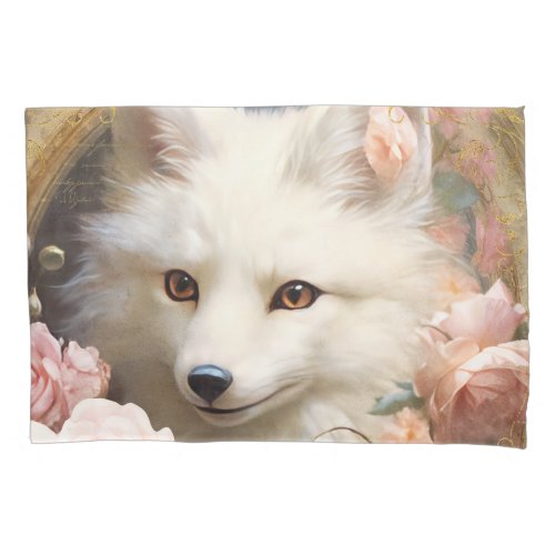 White Fox and Pink Roses Pillow Case