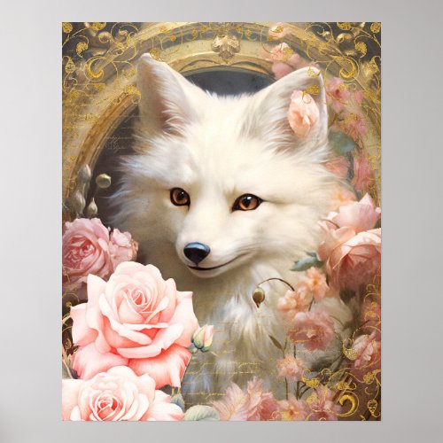 White Fox and Pink Roses Poster