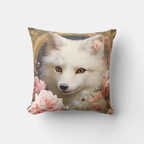 White Fox and Pink Roses Throw Pillow