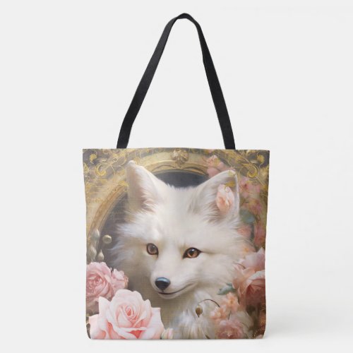 White Fox and Pink Roses Tote Bag