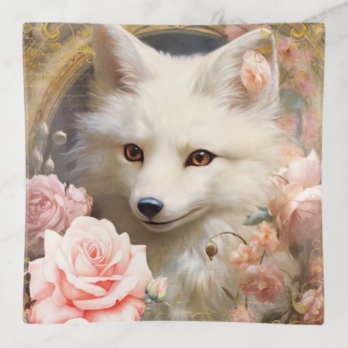 White Fox and Pink Roses Trinket Tray