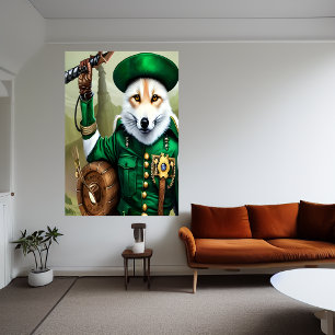 White fox in green clothes AI Art Poster