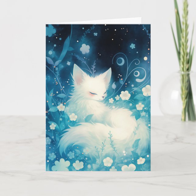 White Fox Slumbering in Floral Card (Front)