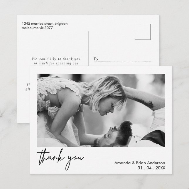 White Frame Calligraphy Thank You Wedding Postcard (Front/Back)