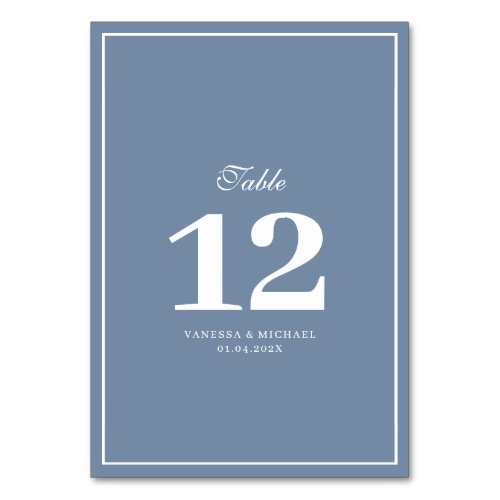 white frame dusty blue wedding table number