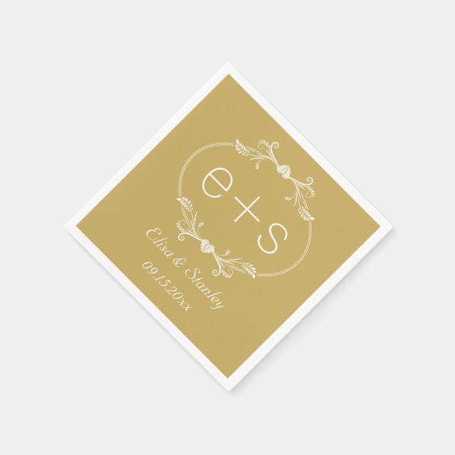 White frame initials elegant monogram gold wedding napkins (Corner)
