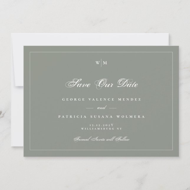 White Frame Monogram Sage Green Gray Photo Wedding Save The Date (Front)
