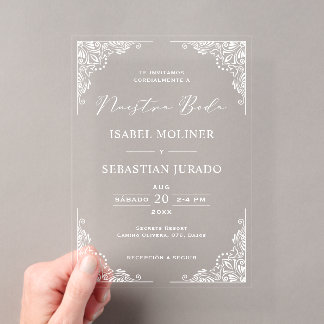 White Frame Ornate Nuestra Boda Spanish Wedding Acrylic Invitations