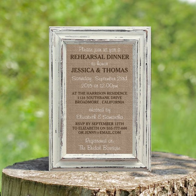 White Frame Rustic Burlap Wedding Rehearsal Dinner Invitation (Creator Uploaded)