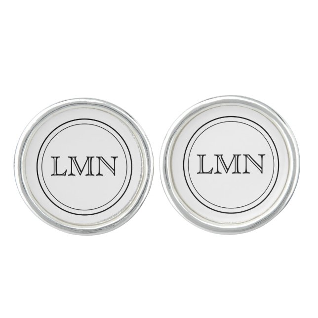 White Framed Open Face Initials Round SS Plated Cufflinks (Front)