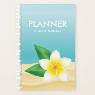 White Frangipani Flower On Blue Personalized Name Planner
