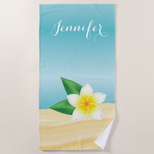 White Frangipani Flower On Sand With Custom Name Beach Towel