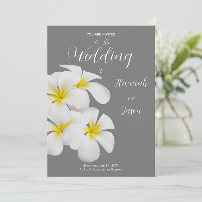 White Frangipani Flowers, on Medium Gray, Wedding Invitation (Standing Front)