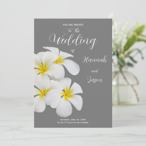 White Frangipani Flowers on Medium Gray Wedding Invitation