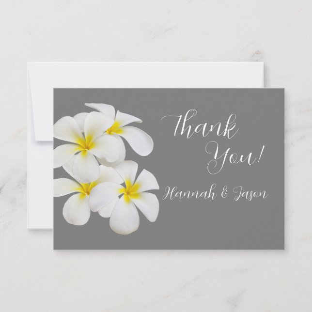 White Frangipani Flowers, on Medium Gray, Wedding Thank You Card (Front)