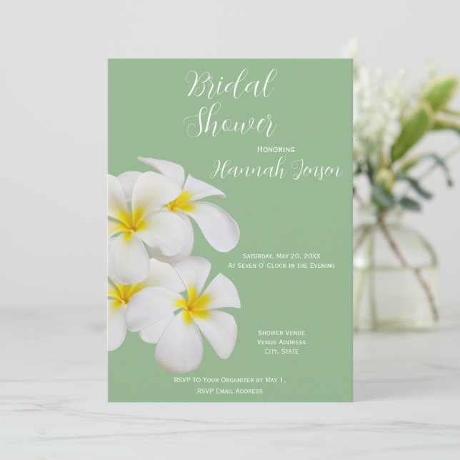 White Frangipani Flowers, on Sage, Bridal Invitation (Standing Front)