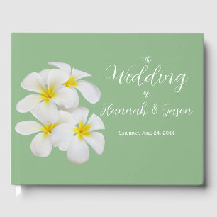 White Frangipani Flowers, on Sage, Wedding Guest Book