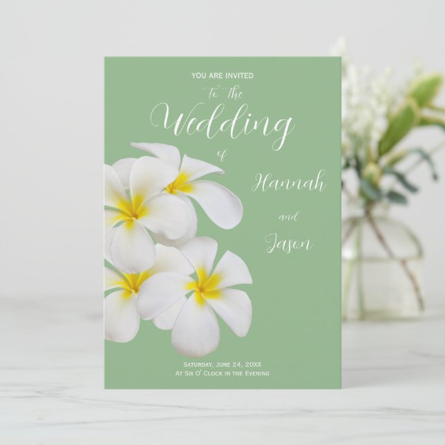 White Frangipani Flowers, on Sage, Wedding Invitation (Standing Front)