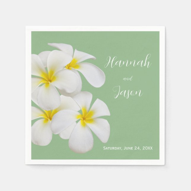 White Frangipani Flowers, on Sage, Wedding Napkins (Front)