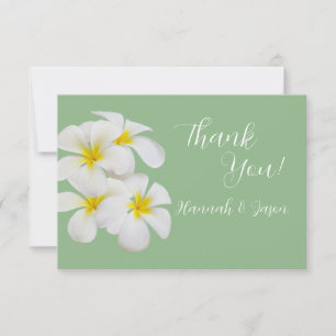 White Frangipani Flowers, on Sage, Wedding Thank You Card