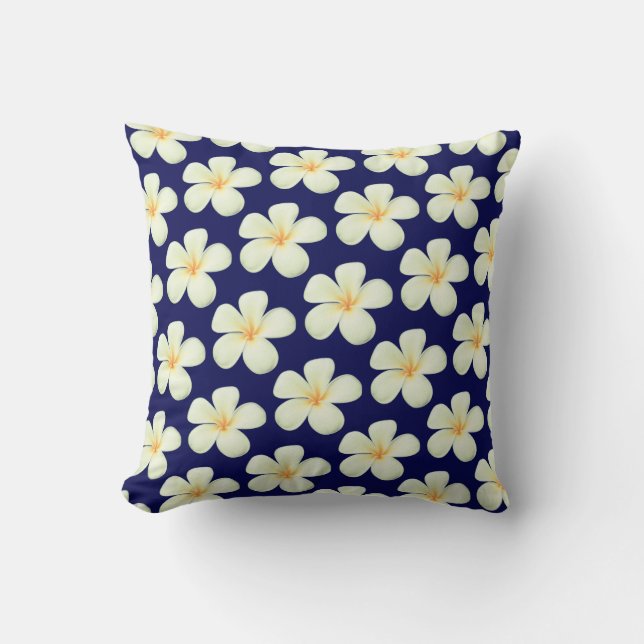 White Frangipani Plumeria Flowers on Navy Blue Throw Pillow (Front)