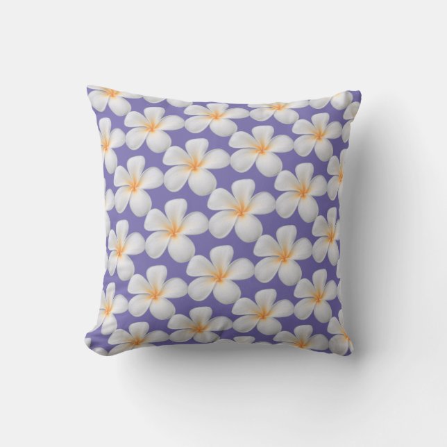 White Frangipani Plumeria Flowers on Periwinkle Throw Pillow (Front)