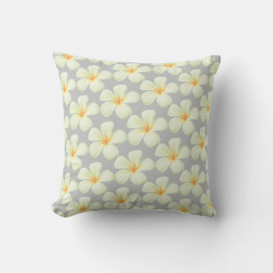 White Frangipani Plumeria Flowers on Silver Gray Throw Pillow