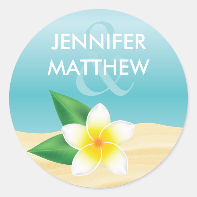 White Frangipani Tropical Flower Beach Wedding Classic Round Sticker (Front)