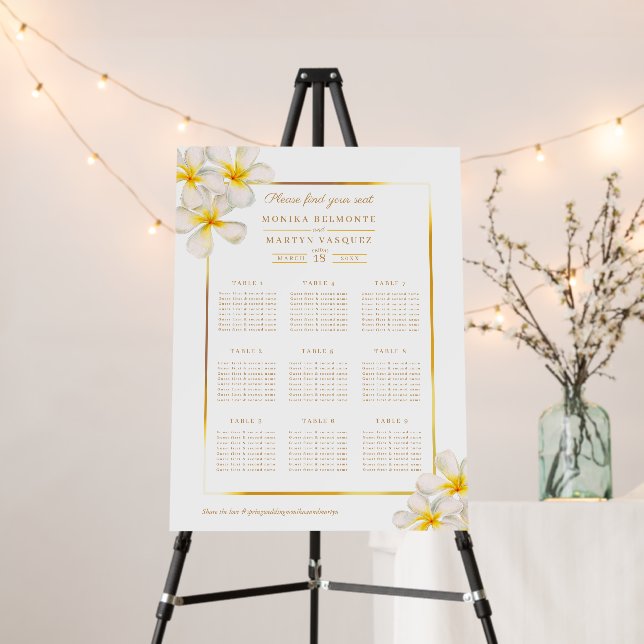 White frangipani tropical wedding seating plan foam board (In Situ (Stand))