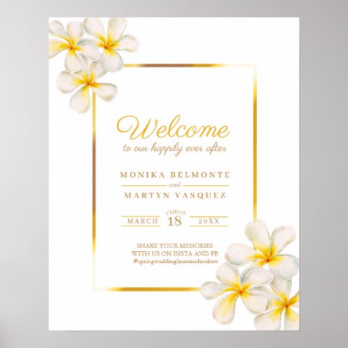 White frangipani tropical wedding welcome poster