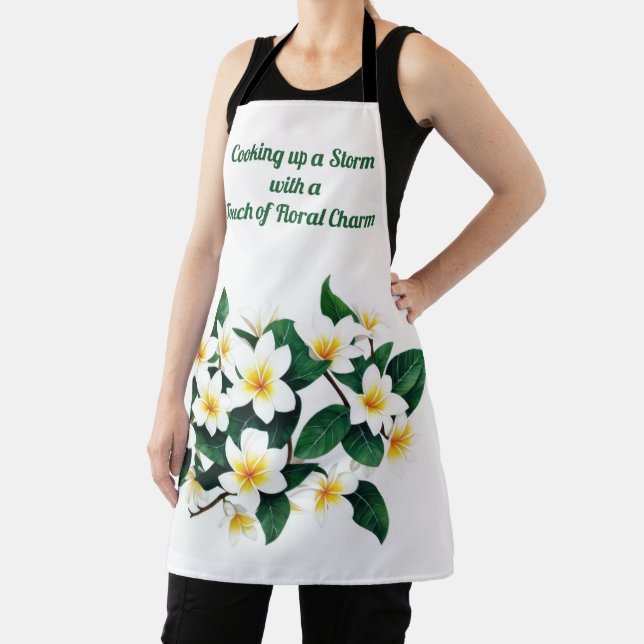 White Frangipani Watercolor Flower Apron (Insitu)