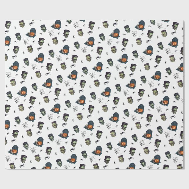 🤍 White Frankenstein Halloween Wrap 💀🎁 Wrapping Paper (Flat)