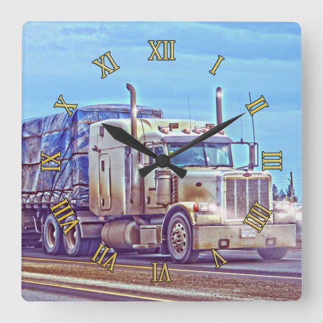 White Freight Truck - Lorry and Highway Art Square Wall Clock (Front)