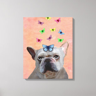 White French Bulldog and Butterflies Canvas Print