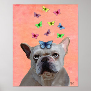 White French Bulldog and Butterflies Poster