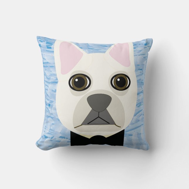 White French Bulldog, Blue Throw Pillow (Front)