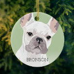 White French Bulldog Christmas Ceramic Ornament<br><div class="desc">Cool pop art inspired french bulldog christmas ornament featuring a white frenchie dog on a pastel green background that can be changed to any color,  add your pets name.</div>