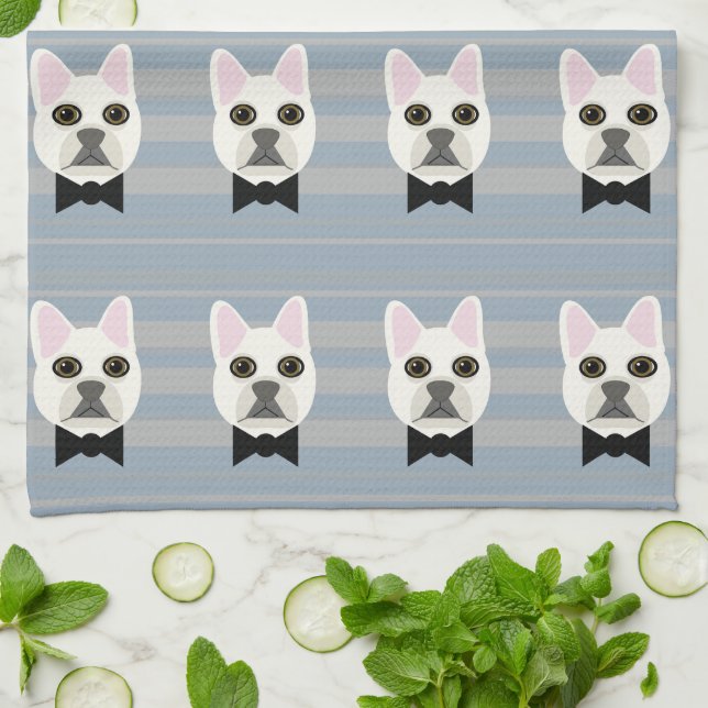 White French Bulldog, Stripes Kitchen Towel (Folded)
