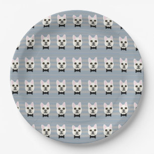 White French Bulldog, Stripes Paper Plates