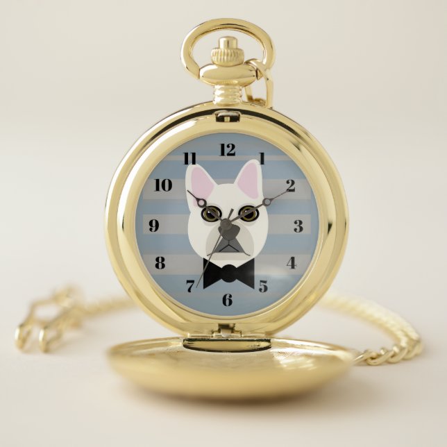White French Bulldog, Stripes Pocket Watch (Inside)