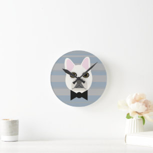 White French Bulldog, Stripes Round Clock