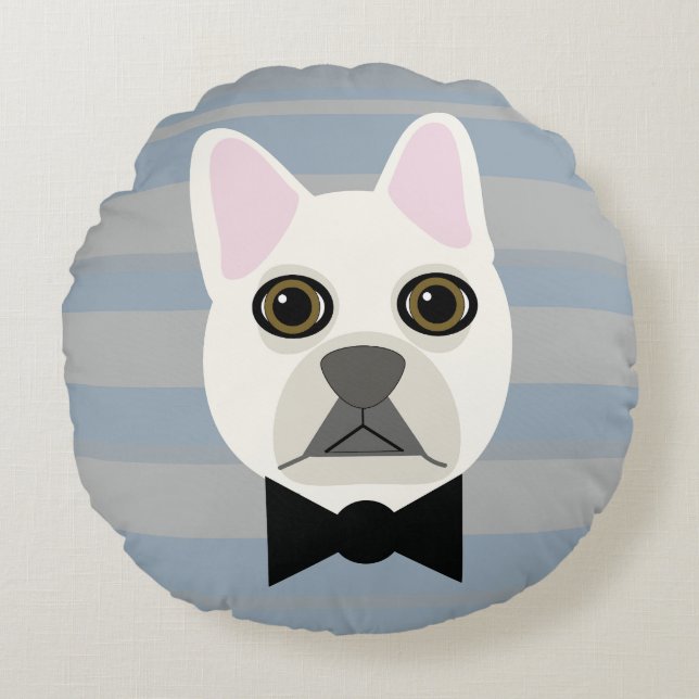 White French Bulldog, Stripes Round Pillow (Front)