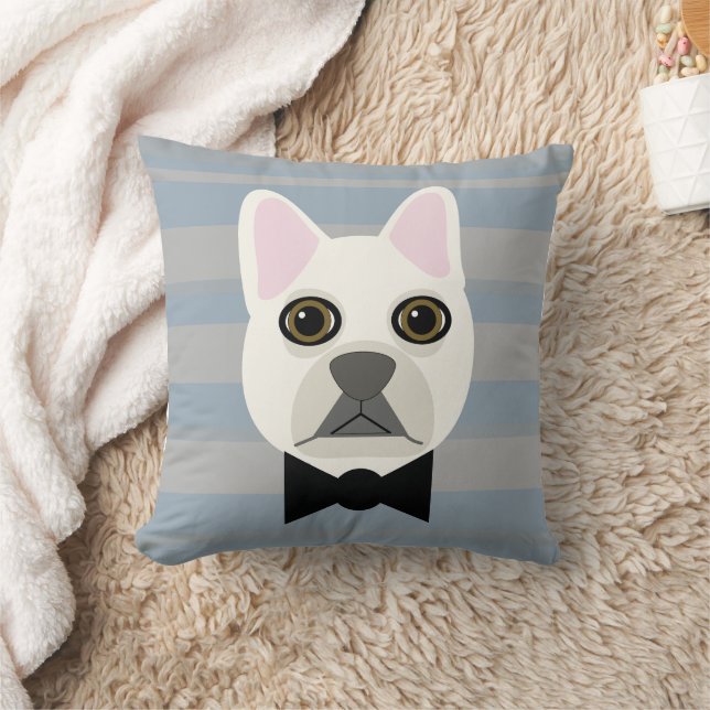 White French Bulldog, Stripes Throw Pillow (Blanket)