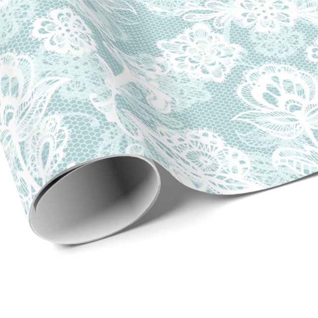 White French Lace on Aqua Wrapping Paper (Roll Corner)