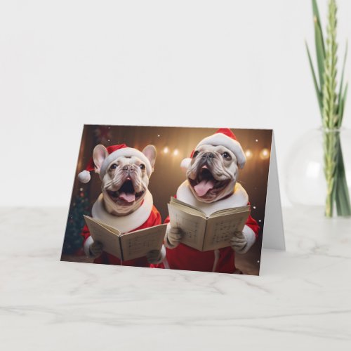 White Frenchie Christmas Carolers Fun Holiday Card