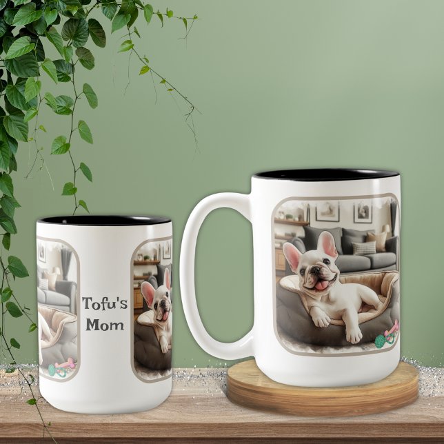 White Frenchie in Dog Bed Two-Tone Coffee Mug (Creator Uploaded)
