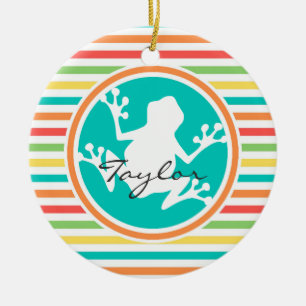 White Frog; Bright Rainbow Stripes Ceramic Ornament