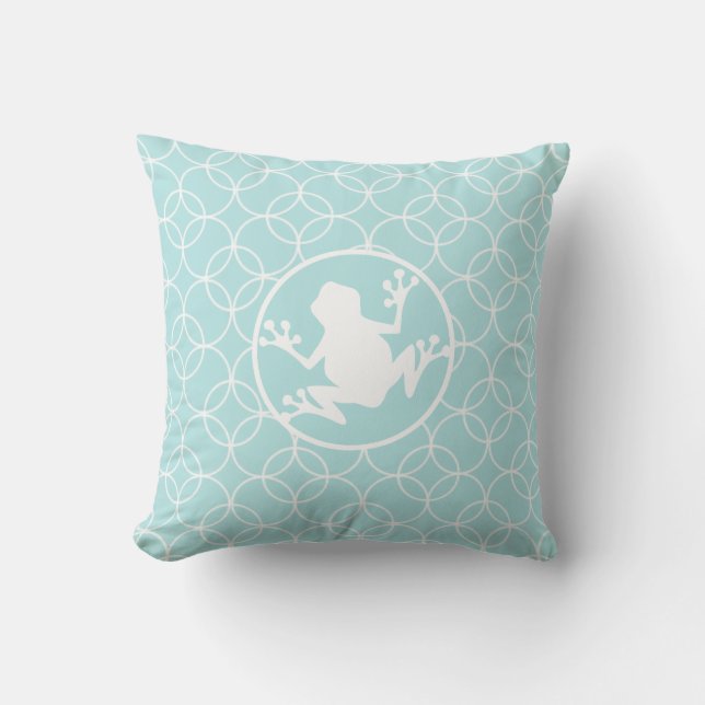 White Frog on Baby Blue Circles Throw Pillow (Front)