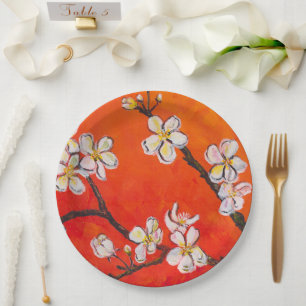 White Fruit Blossoms Orange Red Smell of Spring Paper Plates
